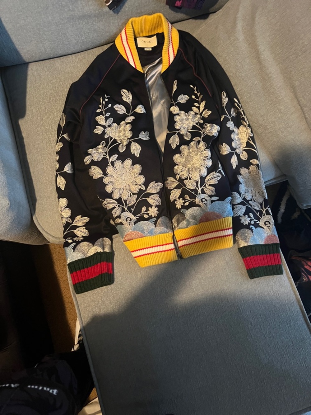 Gucci Black Floral Embroidered Bomber Jacket - Navy Blue/Yellow Trim